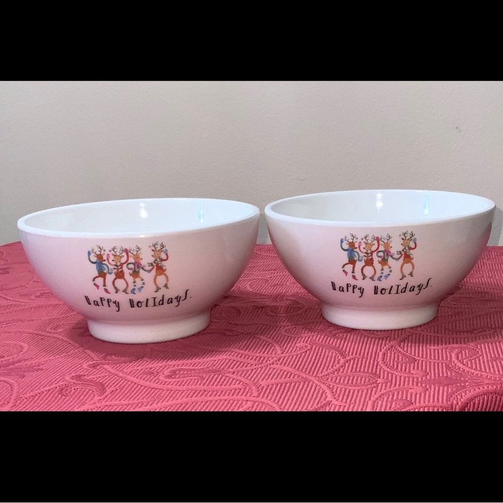 Rae  Dunn HAPPY HOLIDAYS Reindeer Cereal Bowls Set Of Two
